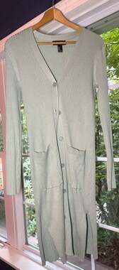 Forever 21 Long Ribbed Knit Cardigan in Sage Green